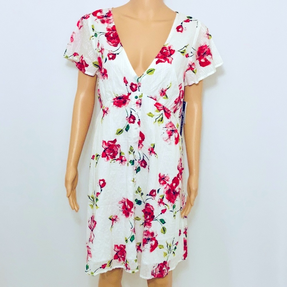 SEQUIN HEARTS White Floral Short Sleeve Mini Fit + Flare Dress Juniors XL